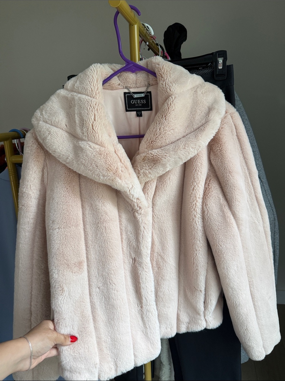 GUESS Pale Blush Faux Fur Hooded Teddy Coat